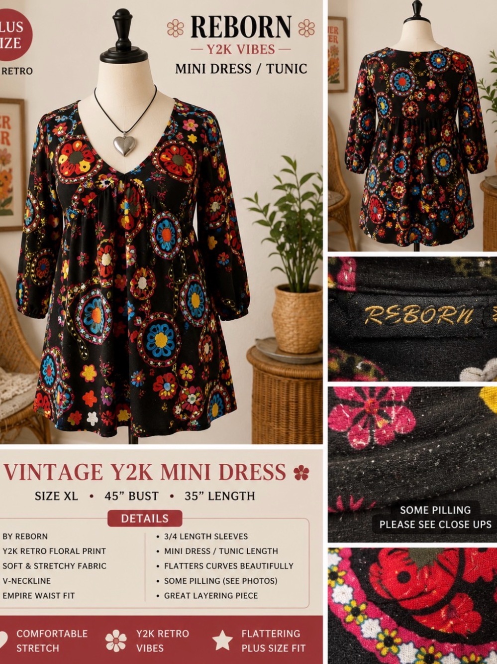 Reborn Black Floral Y2K Mini Dress Tunic